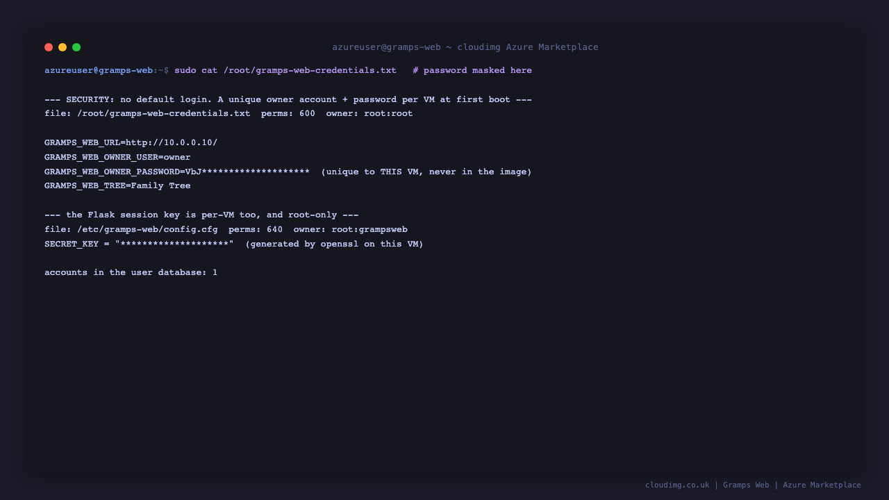 The per-VM Gramps Web owner credentials file, root-only, with the password masked