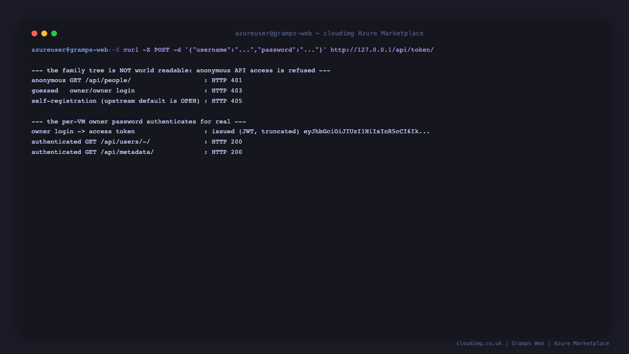 Anonymous access refused, guessed credentials rejected, self-registration disabled, and the per-VM owner password authenticating