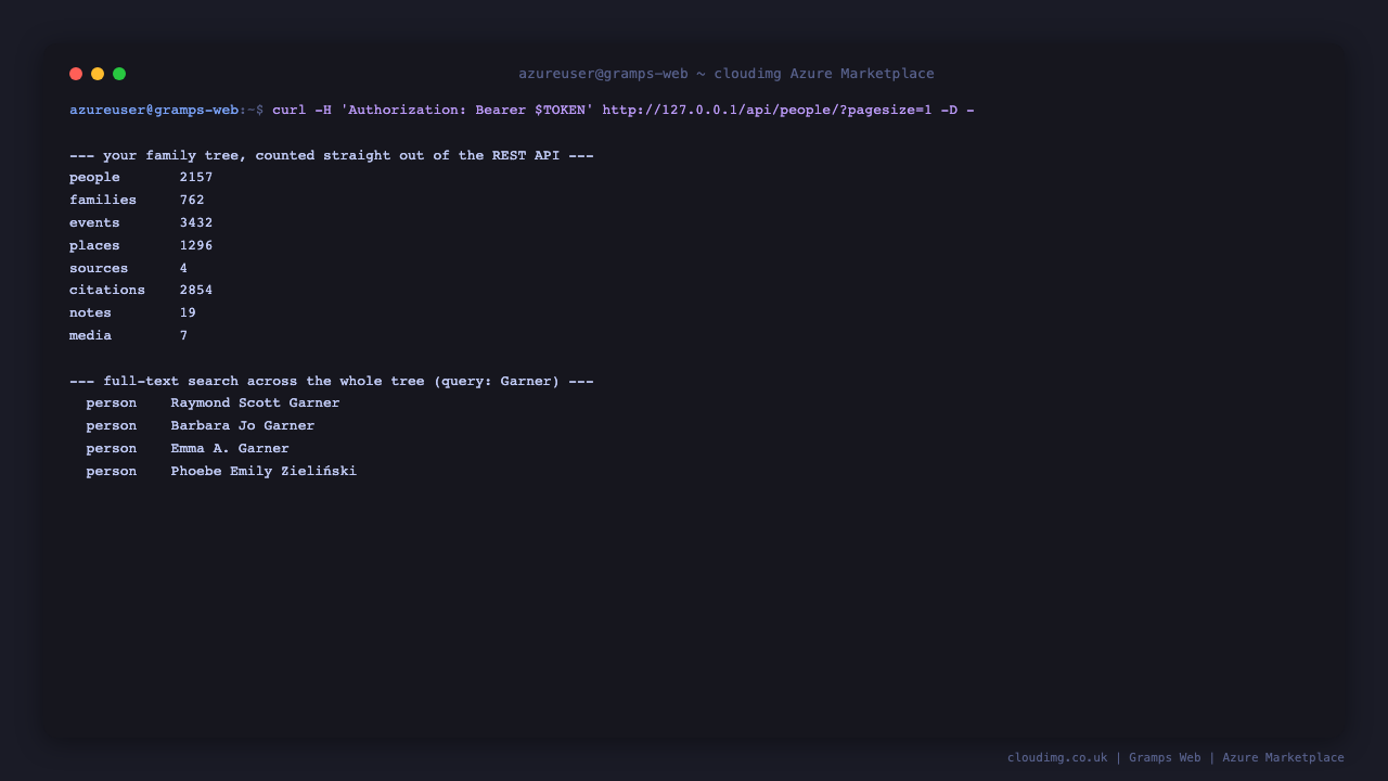 Family tree object counts and a full-text search result set returned by the Gramps Web REST API