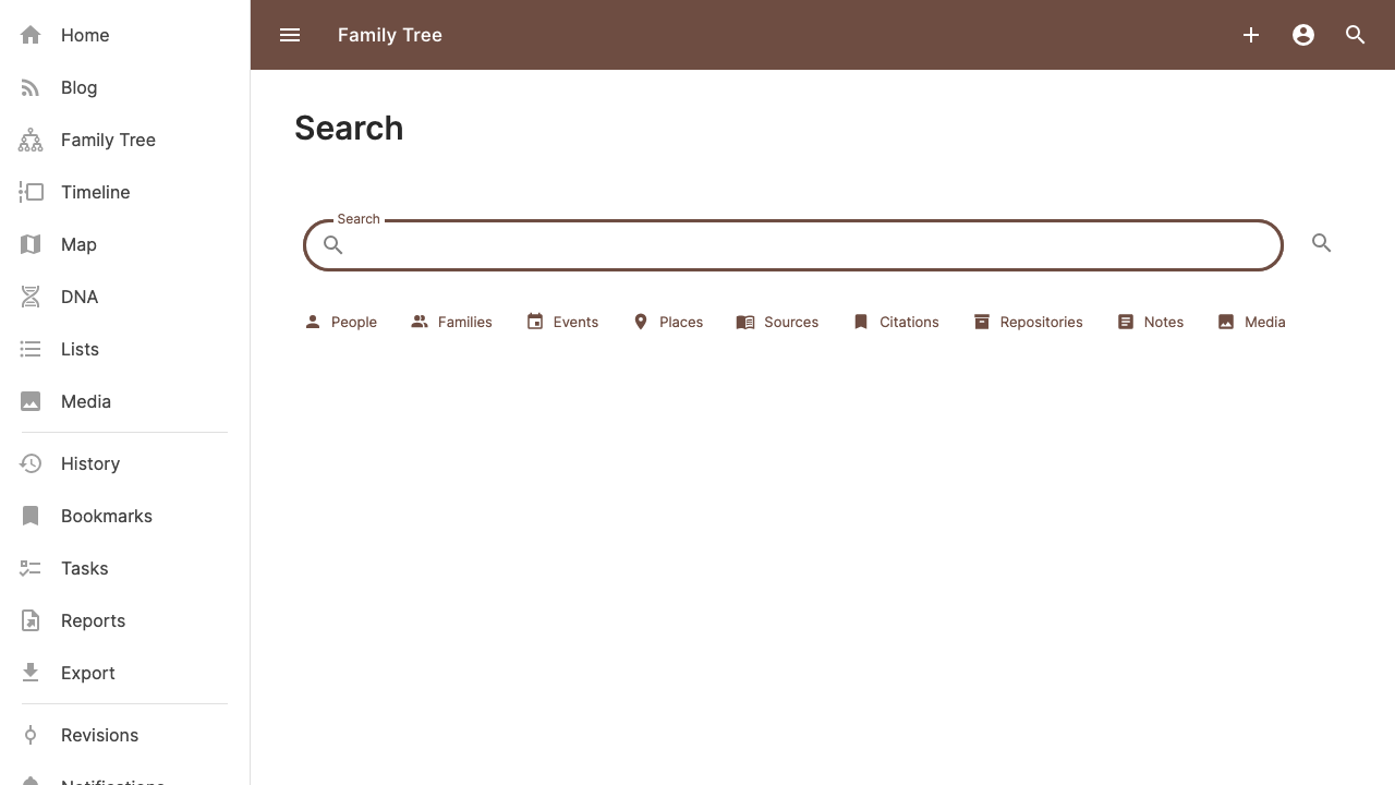 Gramps Web full-text search results across the whole family tree