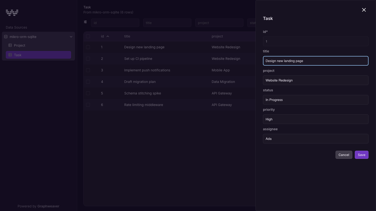 The Task detail panel for "Design new landing page" with the title, project, status, priority and assignee fields and the Save button
