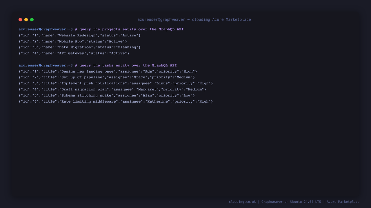 Live GraphQL queries returning the seeded demo data