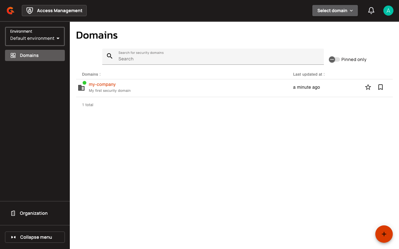 The security domains list in the Gravitee AM console