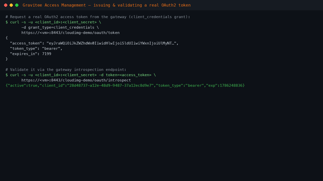 Issuing an OAuth2 client_credentials token from the gateway and validating it via introspection