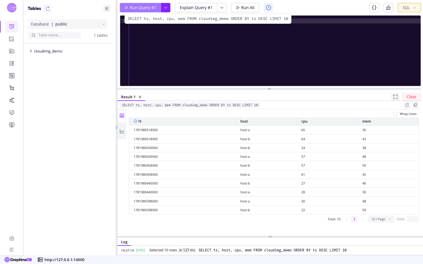 The GreptimeDB dashboard query console returning the seeded demo data