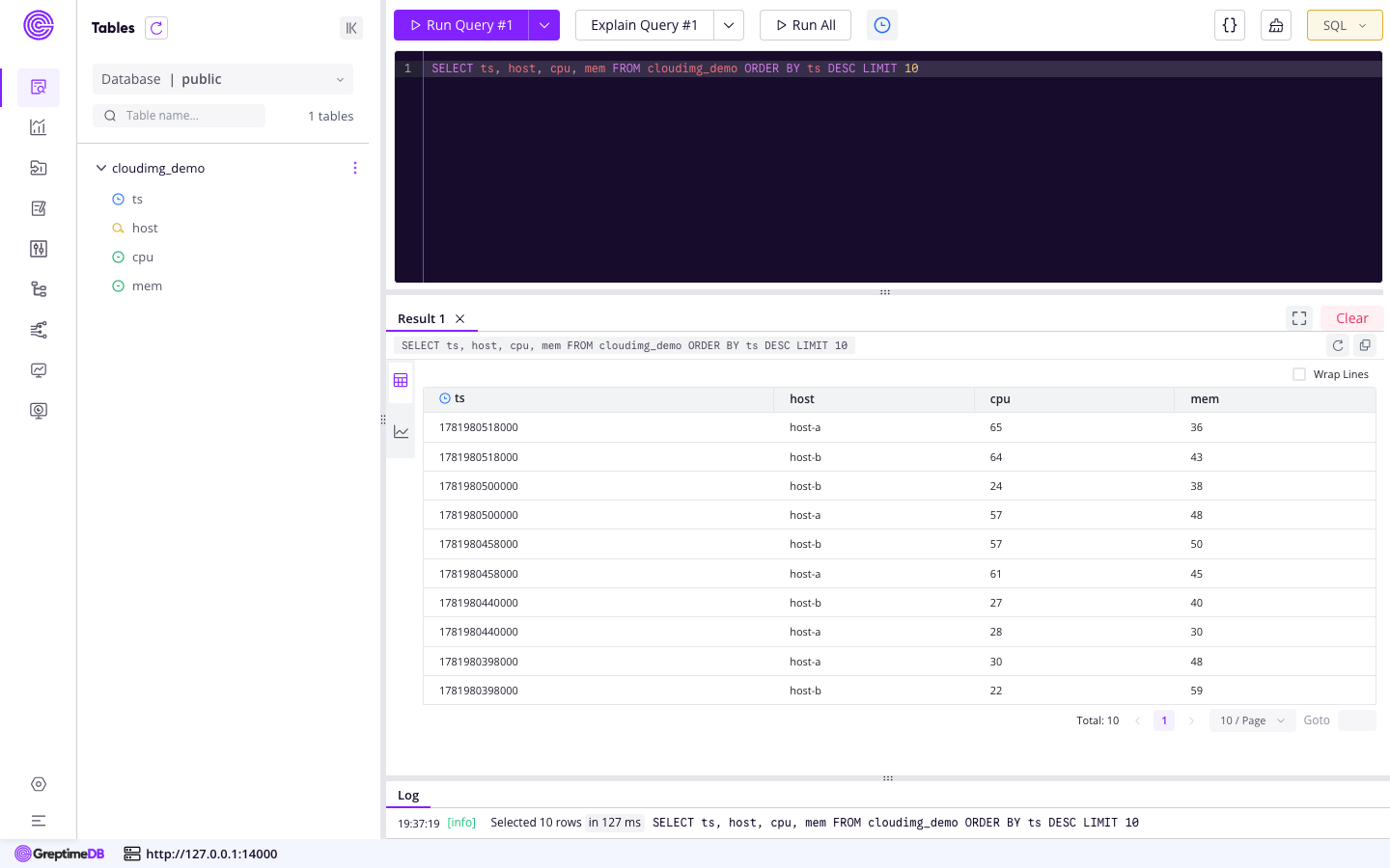 The GreptimeDB dashboard tables and schema view