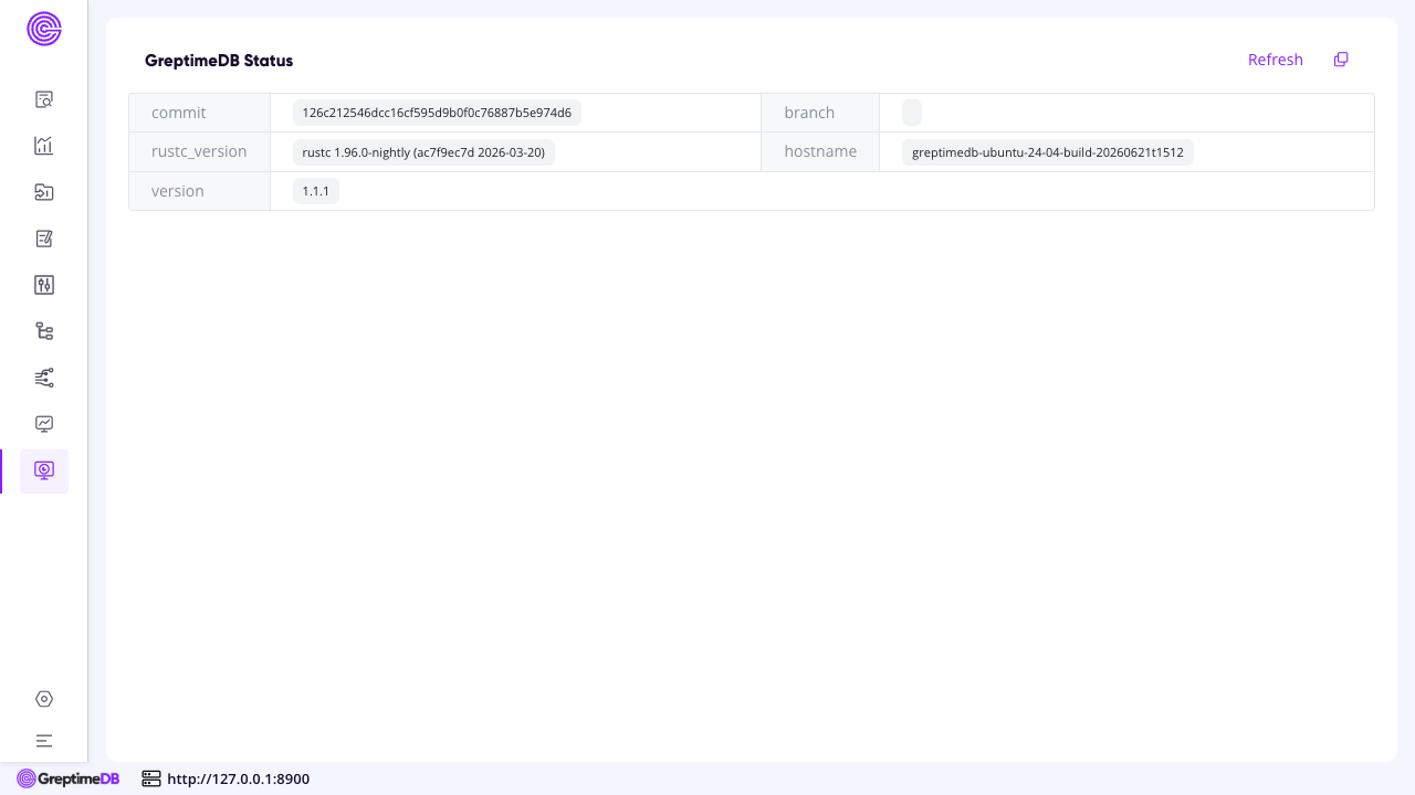 GreptimeDB Dashboard status page showing version 1.1.1