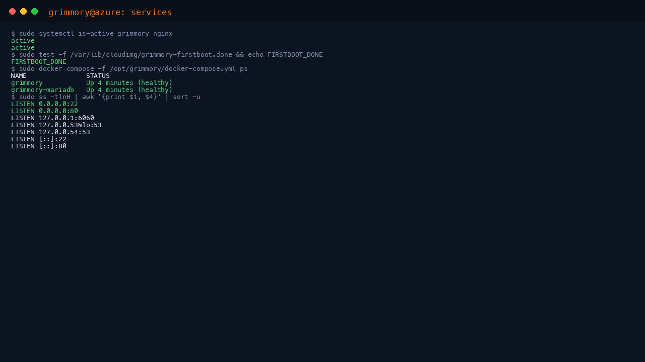 The Grimmory and nginx units reported active by systemctl, the firstboot sentinel present, the two containers healthy, and the listening sockets showing only SSH and nginx on public addresses while the application port 6060 stays on loopback and the bundled database is on no host port