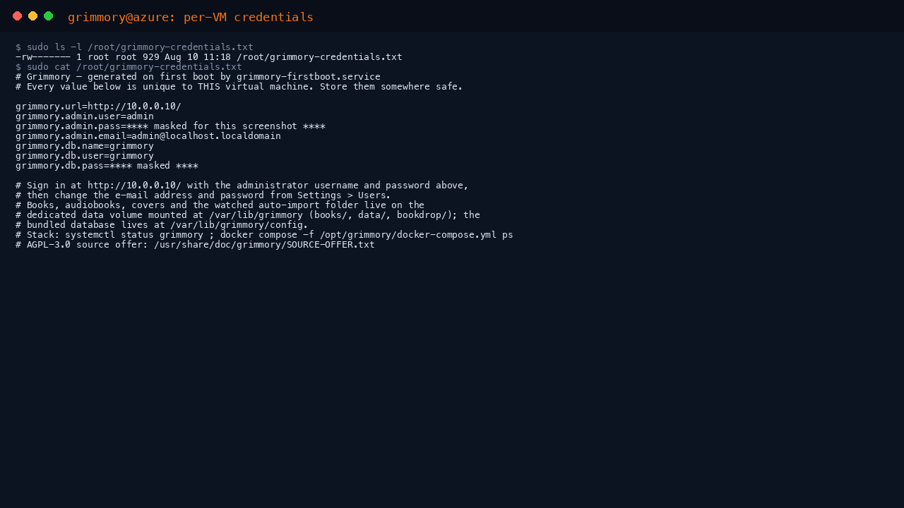 The per instance Grimmory credentials file with the administrator and database secrets masked, and the file confirmed as mode 600 owned by root