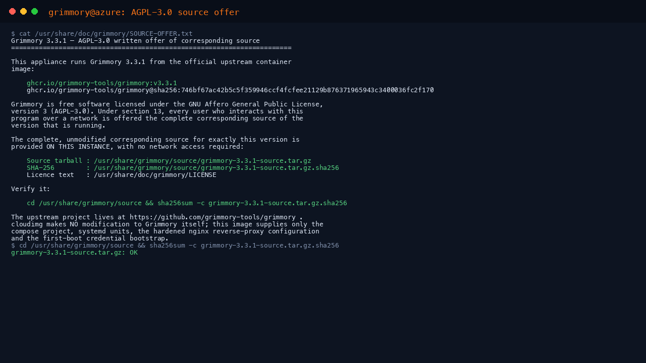 The Grimmory AGPL-3.0 source offer shipped on the instance, and the shipped source tarball verifying against its recorded SHA-256 checksum