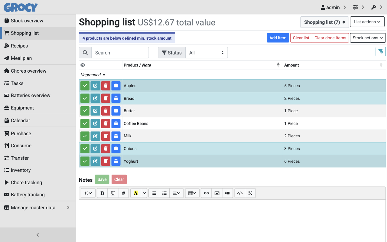 Grocy shopping list