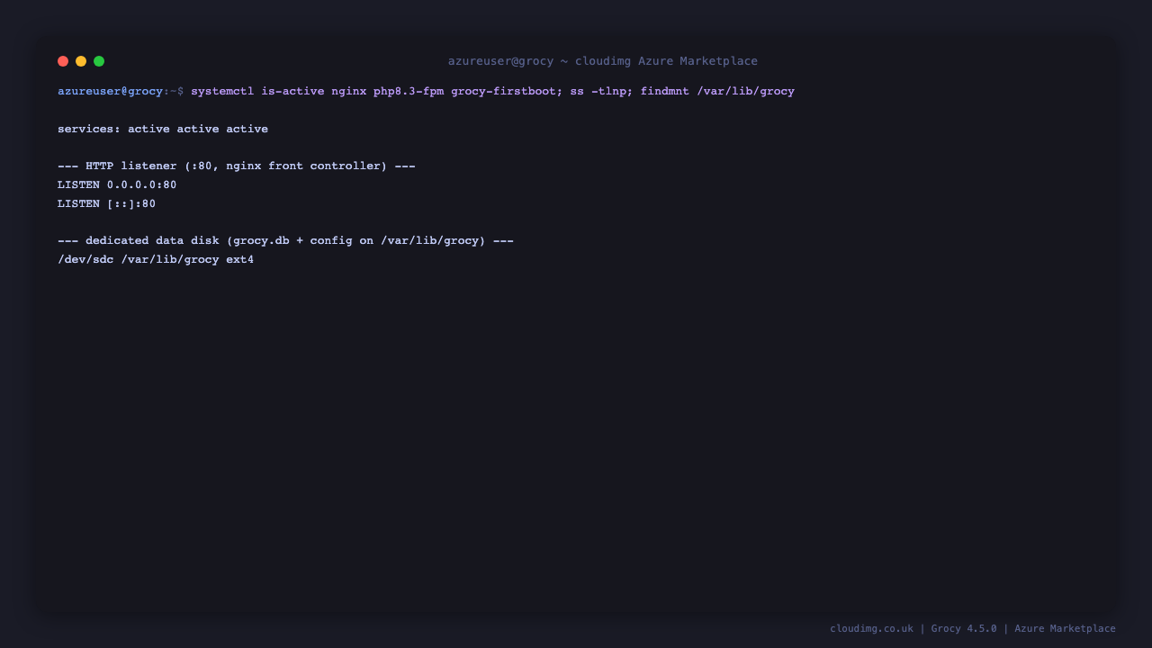 The nginx, php8.3-fpm and grocy-firstboot services active, with nginx serving Grocy on port 80