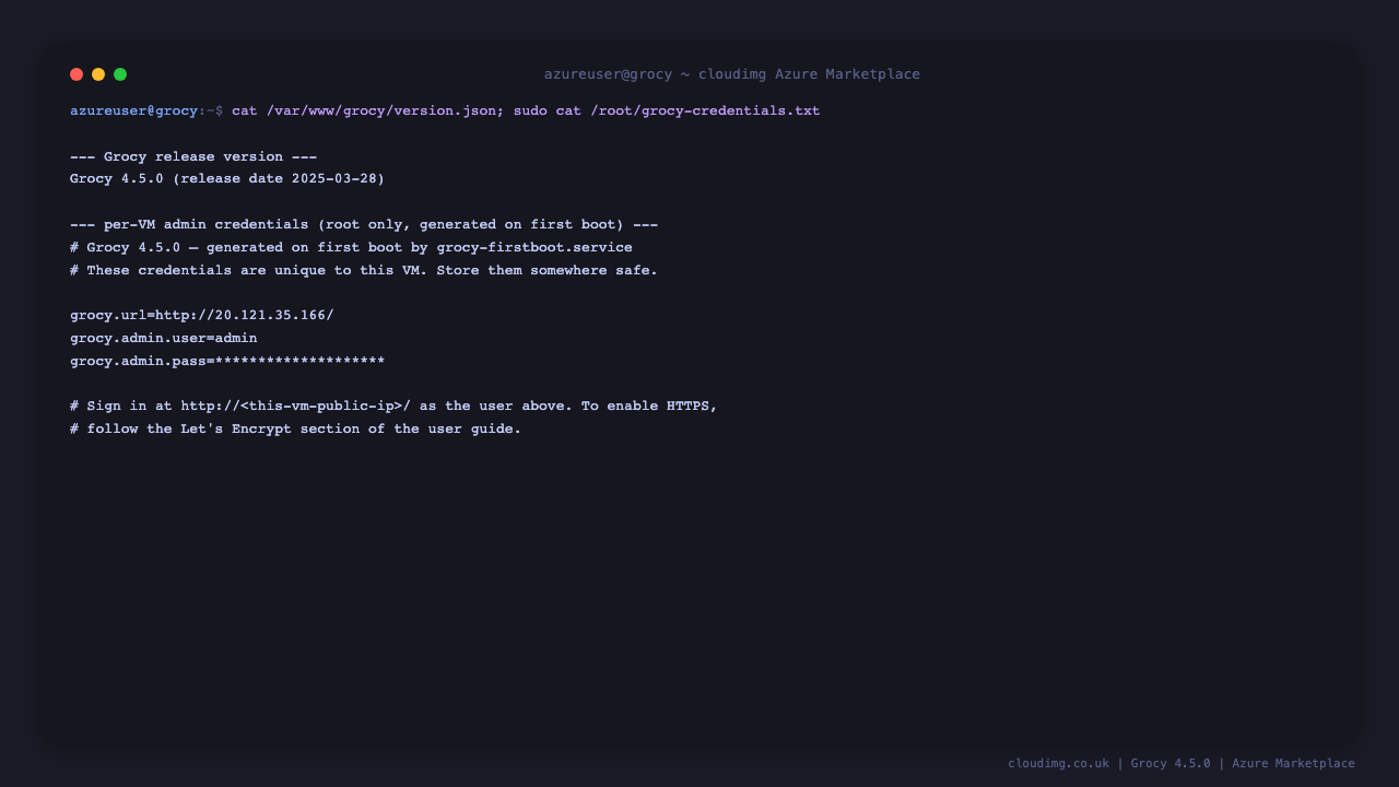 The per VM Grocy credentials file, showing the admin user, the generated password and the site URL