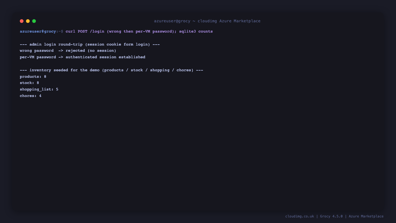 The Grocy 4.5.0 version, the enabled nginx and php8.3-fpm units, and the login round trip proving the per VM password
