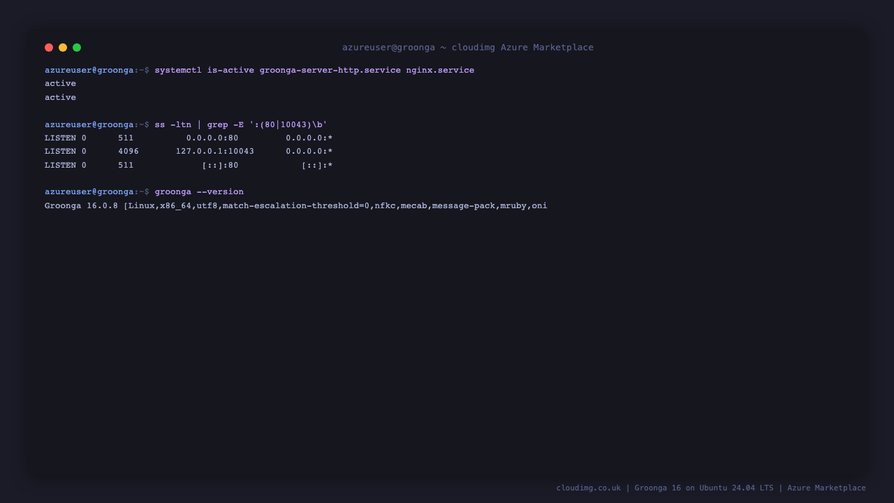 The groonga-server-http and nginx services both active, the socket table showing nginx listening on 0.0.0.0:80 and on the IPv6 any-address while Groonga listens only on 127.0.0.1:10043, and groonga --version reporting Groonga 16.0.8