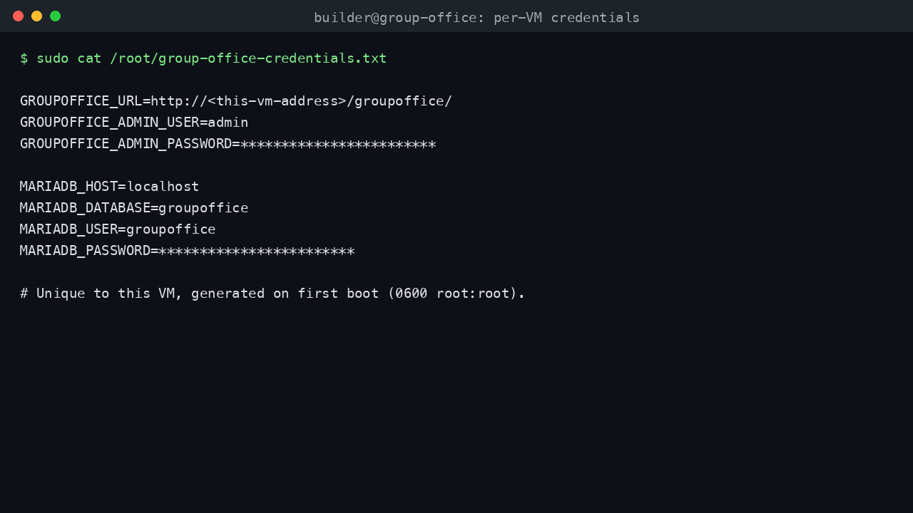 The per VM Group-Office credentials file showing the admin login user, the generated administrator password, and the loopback MariaDB database, user and password, all unique to this VM