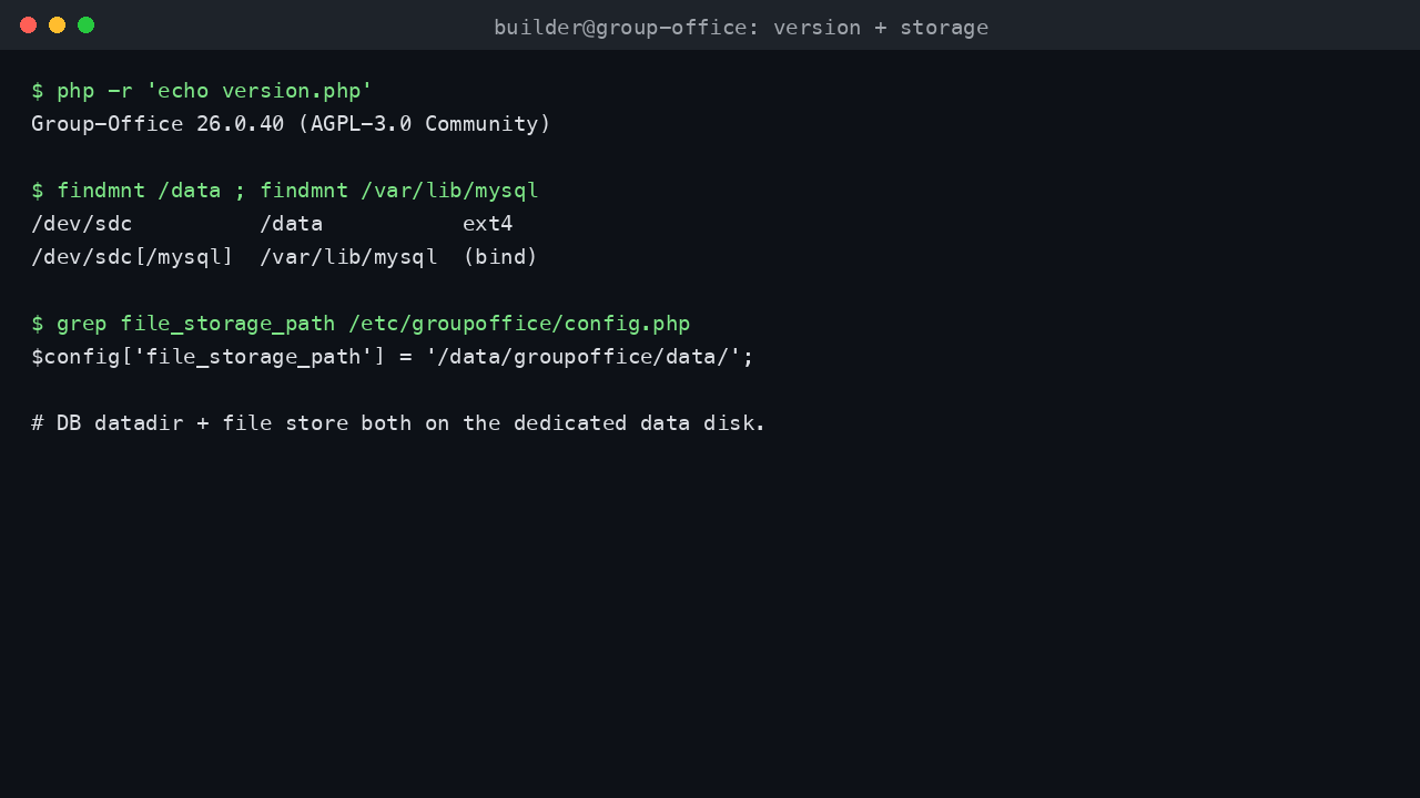 The installed Group-Office release, the ext4 data disk mounted at /data, the MariaDB datadir bind mounted onto the data disk, and the Group-Office file storage path pointing at the data disk