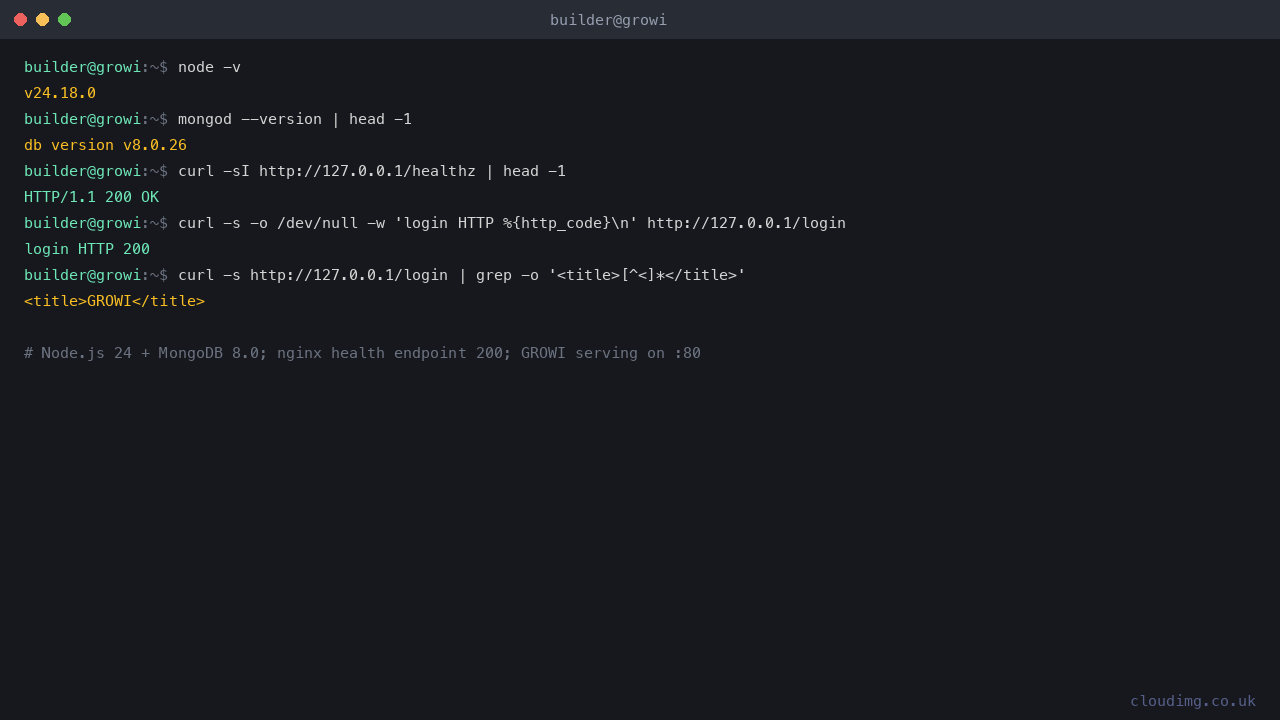 Node.js 24 and MongoDB 8.0 versions, the healthz endpoint returning 200 and the GROWI page title