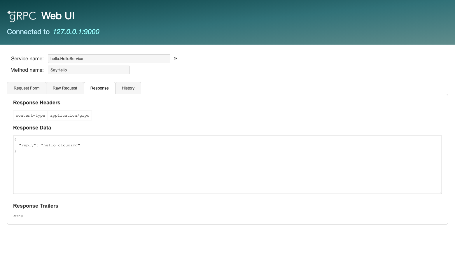 The grpcUI Response tab showing the reply hello cloudimg