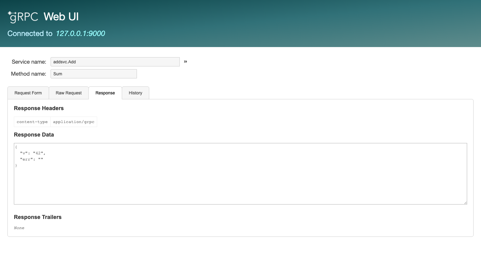 The grpcUI Response tab for addsvc.Add Sum showing v 42