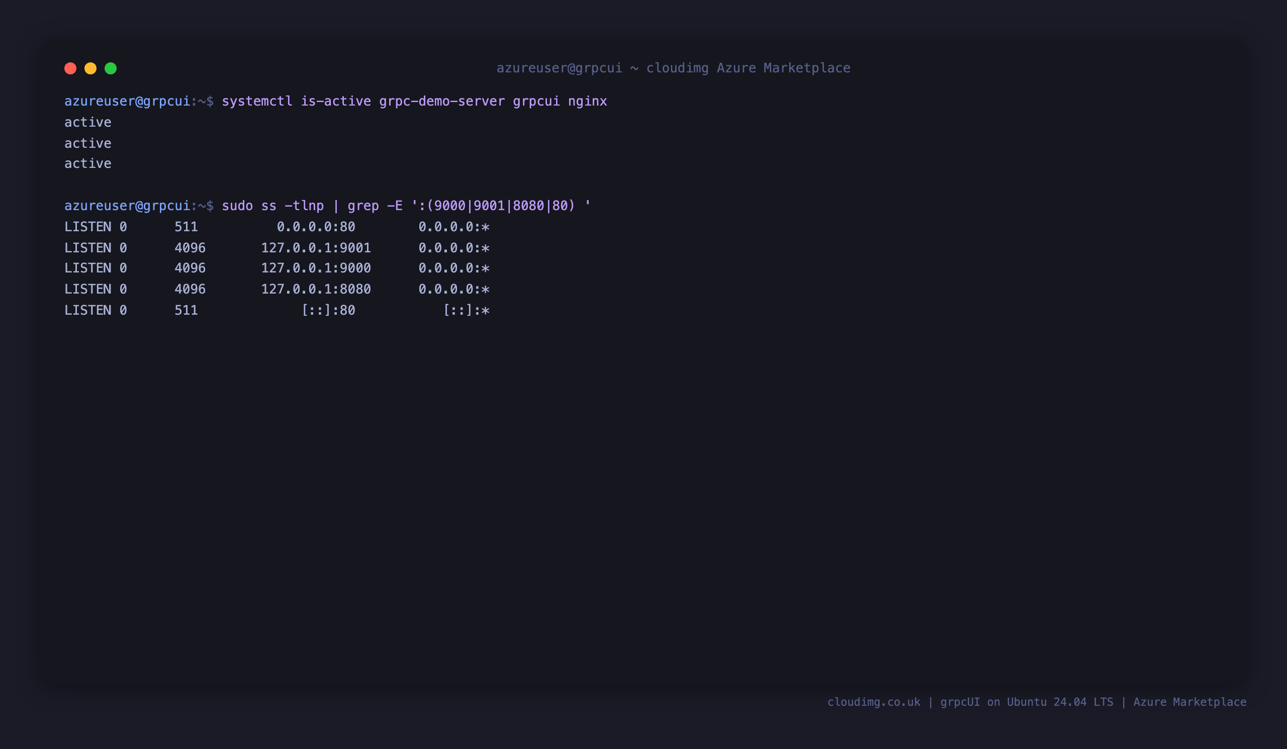 The grpc-demo-server, grpcui and nginx services active, with the demo server on loopback 127.0.0.1:9000, grpcUI on loopback 127.0.0.1:8080, and nginx listening on port 80