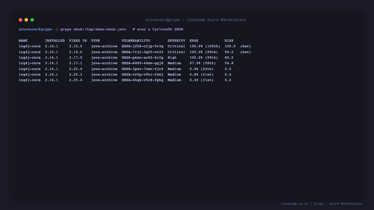 Grype SBOM scan showing Log4Shell findings