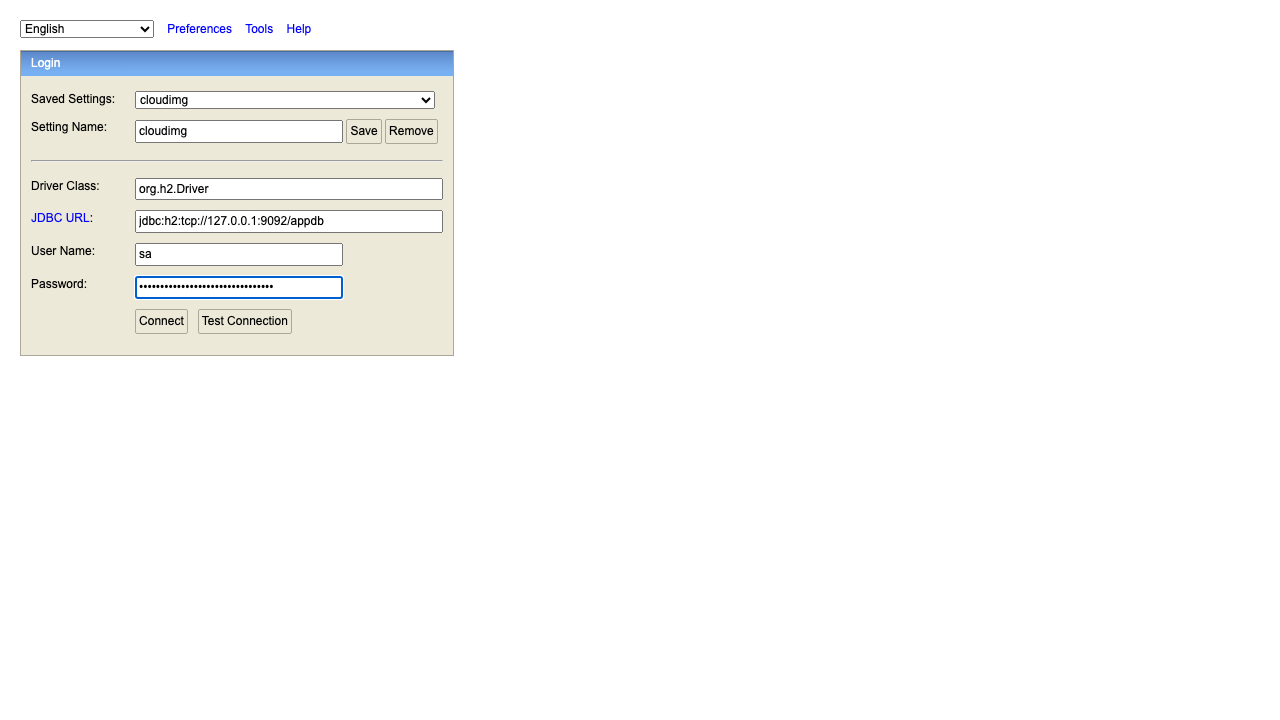 The H2 Console login form with the driver org.h2.Driver, the JDBC URL jdbc:h2:tcp://127.0.0.1:9092/appdb, the user sa and a masked password