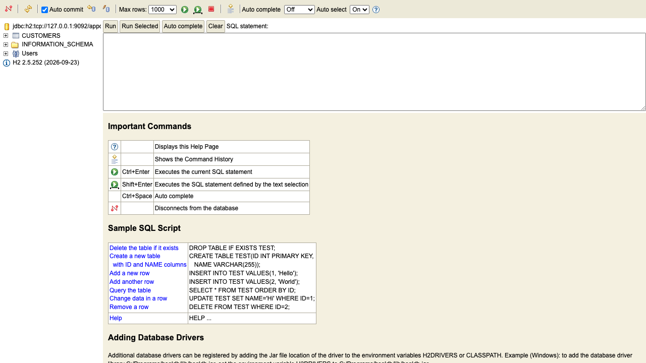 The H2 Console after connecting to appdb: the CUSTOMERS table, INFORMATION_SCHEMA and Users in the schema tree, the toolbar, an empty SQL statement box and the help page