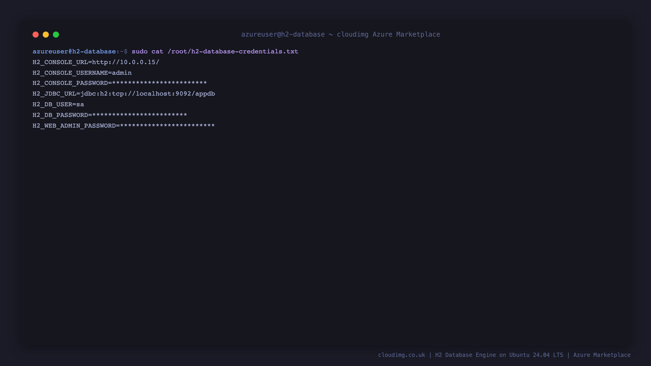The per VM H2 credentials file at /root/h2-database-credentials.txt shown with sudo cat, the passwords redacted, listing the console URL and user, the JDBC URL, the sa database user, and the console web admin entry