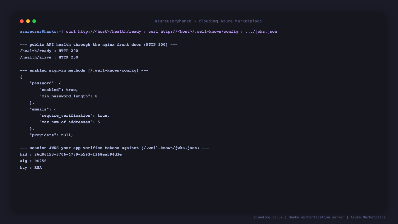 The Hanko public API answering through nginx: health checks returning 200, the enabled sign-in methods, and the session JWKS key id and algorithm