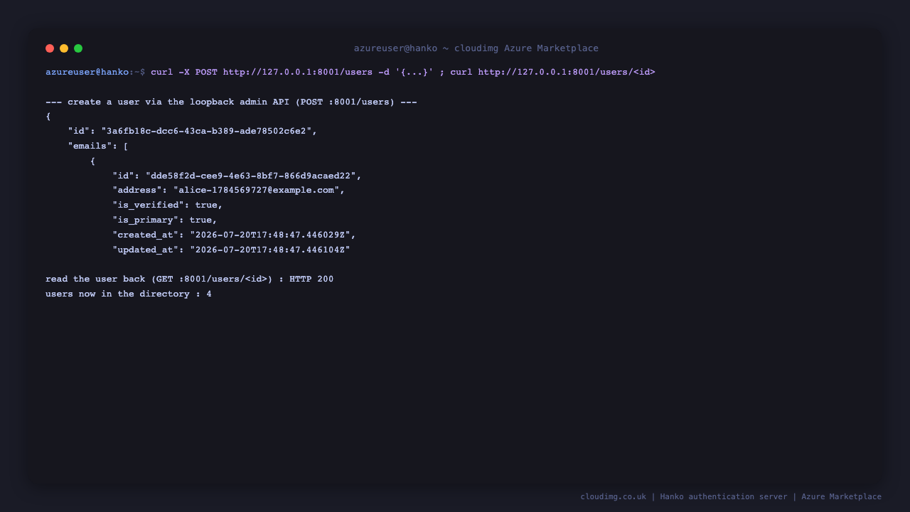 Creating a user through the loopback admin API: the returned user JSON, the read-back returning HTTP 200, and the user count in the directory