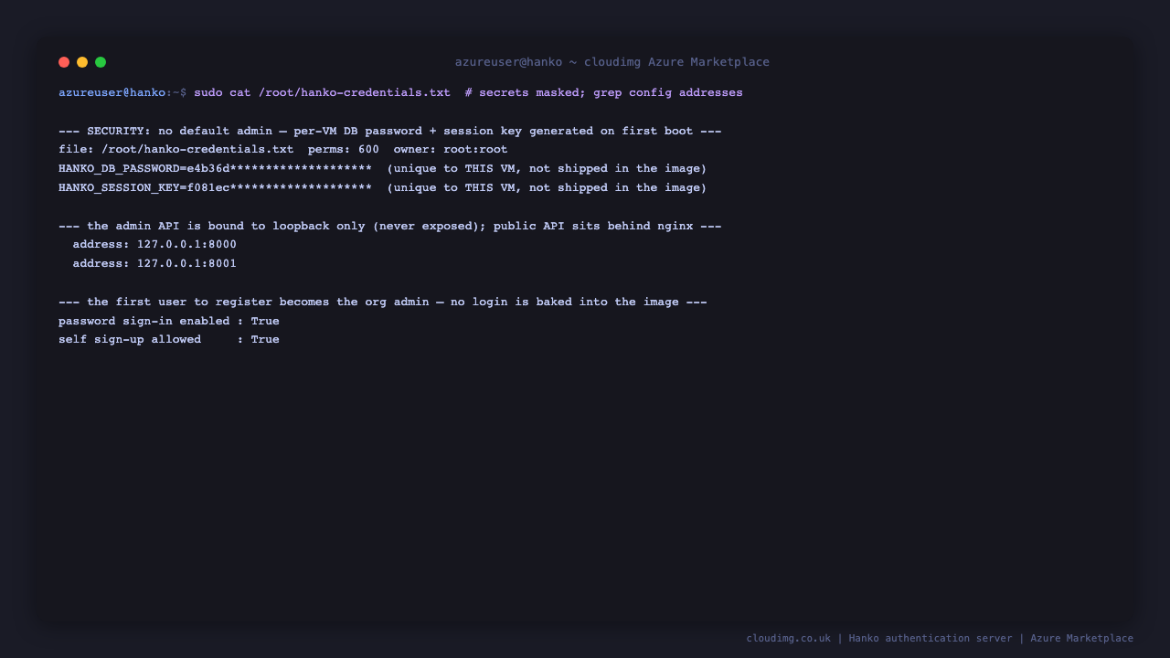 The per-VM Hanko credentials file showing the public URL, the loopback admin API address, and the per-VM database password and session key generated on first boot