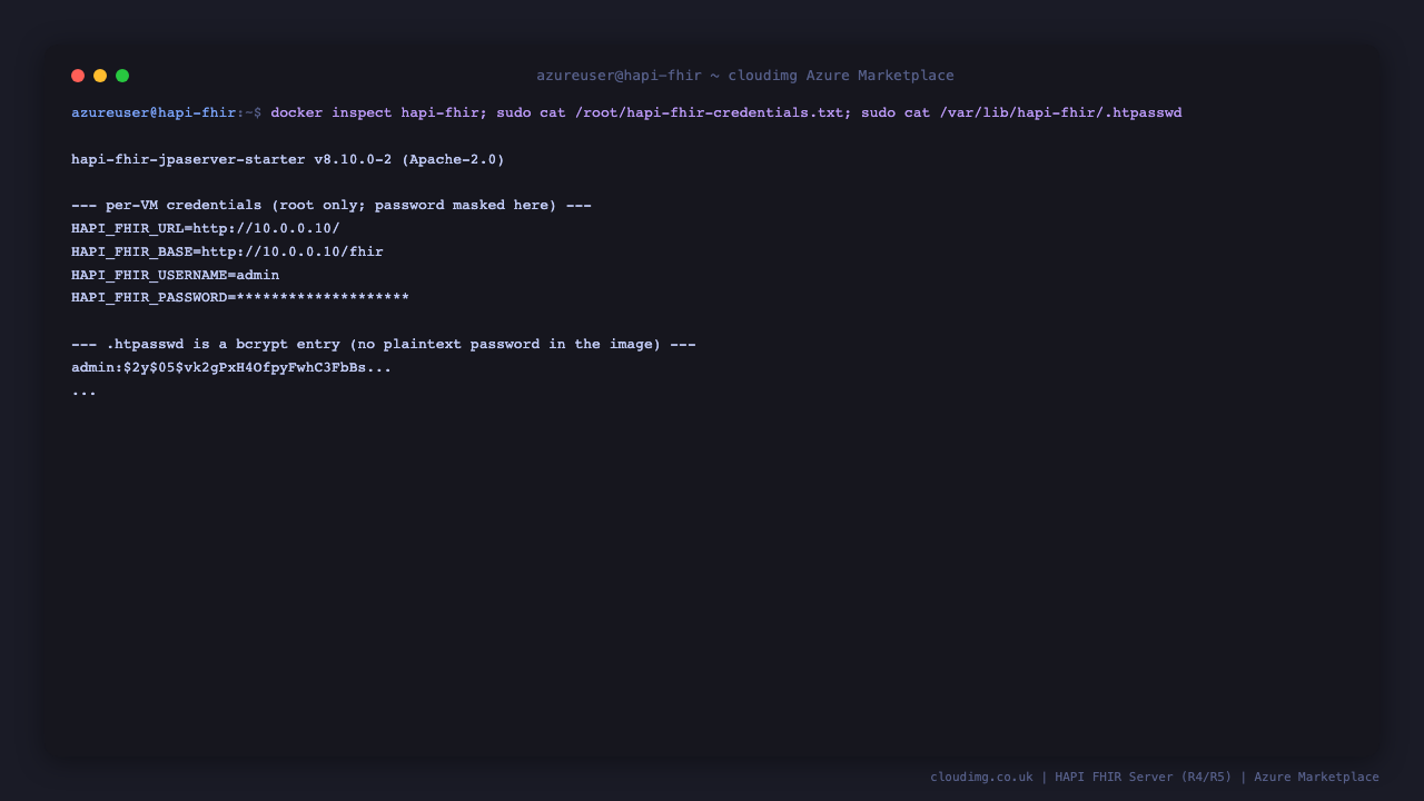 The HAPI FHIR container image and version, the per-VM credentials file with the generated admin password and URLs, and the bcrypt .htpasswd entry that proves no plaintext password ships in the image
