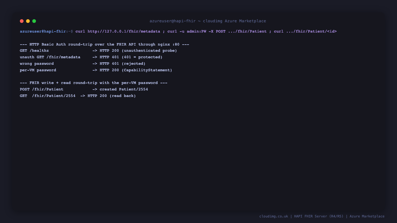 The HTTP Basic Auth round-trip returning 401 unauthenticated, 401 for a wrong password and 200 with the per-VM password for the CapabilityStatement, followed by a FHIR POST Patient and GET read-back both succeeding