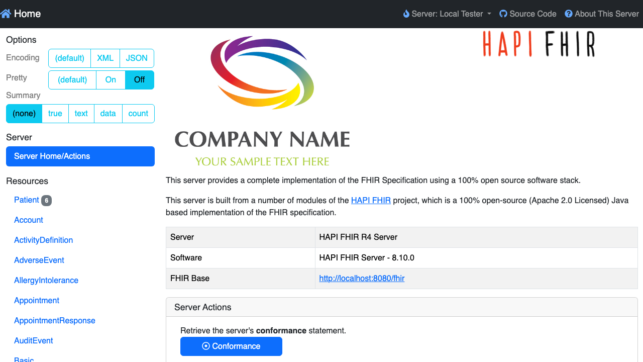 The HAPI FHIR tester UI home page showing the supported FHIR resource types, the HAPI FHIR R4 server software version, the FHIR base URL and the server actions including the Conformance button