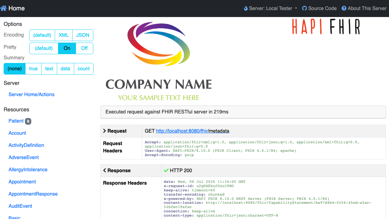 The tester UI showing the CapabilityStatement request against /fhir/metadata returning HTTP 200, with the HAPI FHIR 8.10.0 R4 REST Server response headers