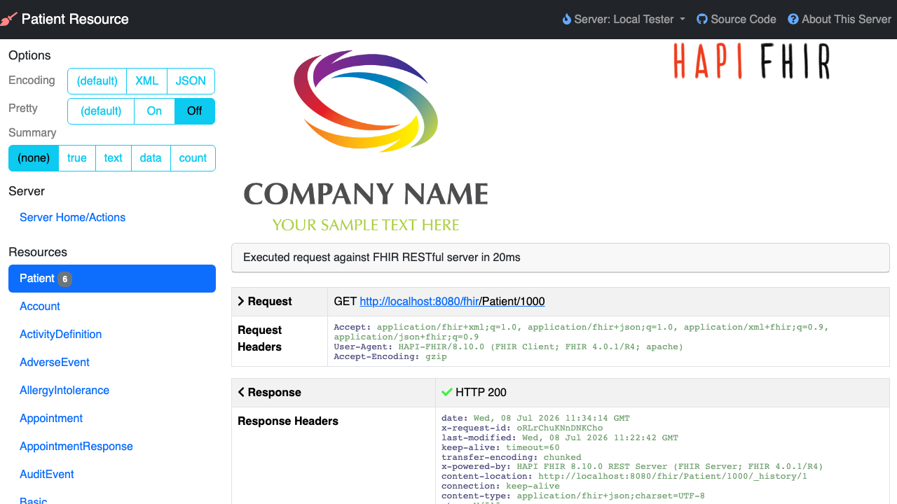 The tester UI reading a single Patient by id with GET /fhir/Patient/1000 returning HTTP 200 and the FHIR resource response headers including content-location and last-modified
