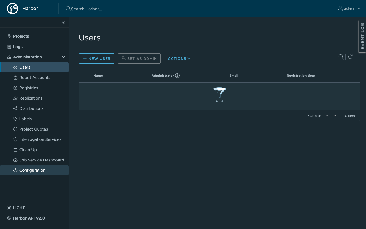 Harbor administration page showing users and registries