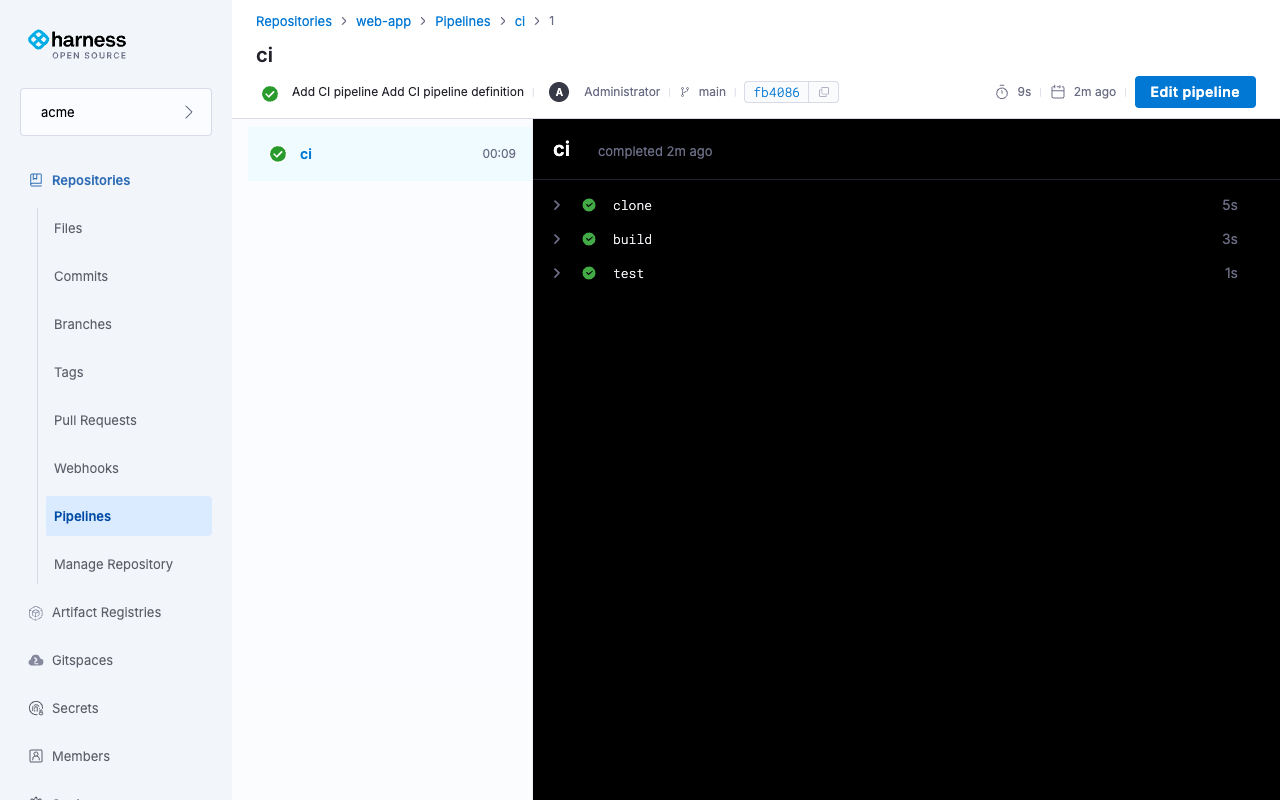 A completed Harness pipeline execution with clone, build and test stages all green, and per step timing, running through the local Docker engine