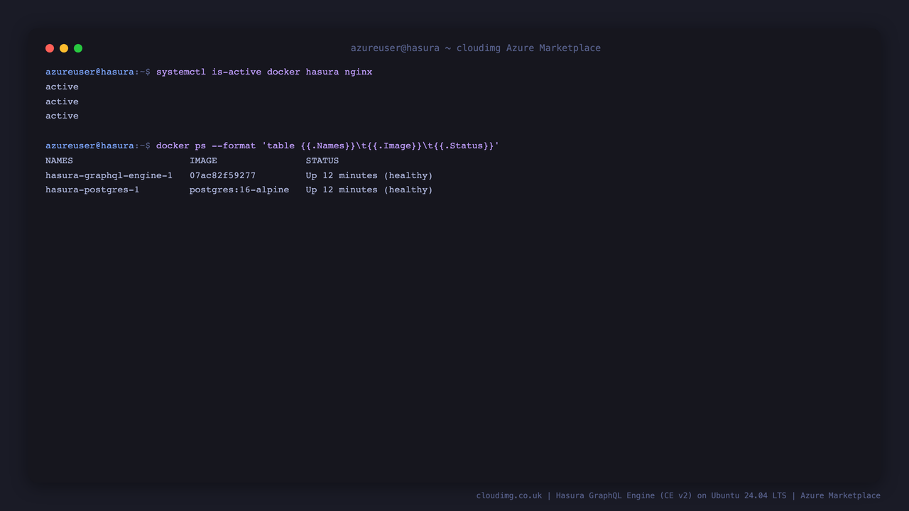 The engine and bundled PostgreSQL containers running and healthy under systemd