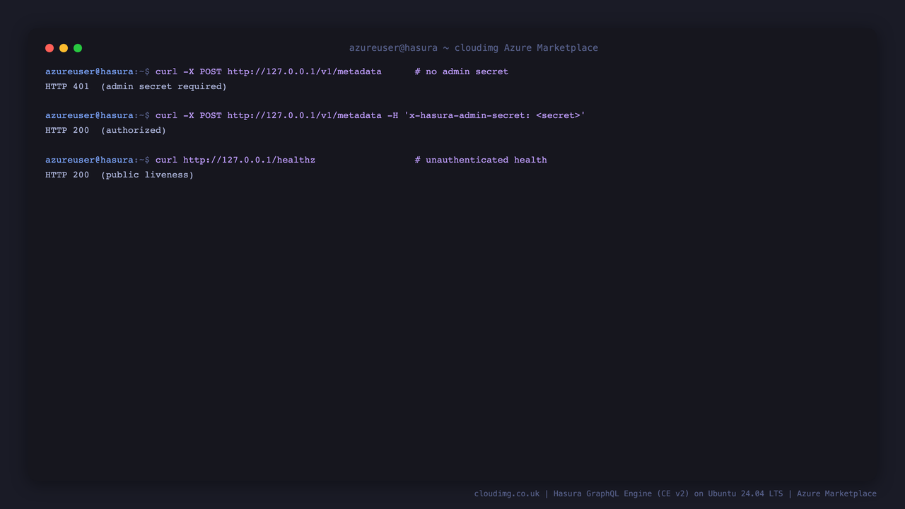Admin endpoints reject requests with no secret (401) and accept only the per-VM admin secret (200); health stays public