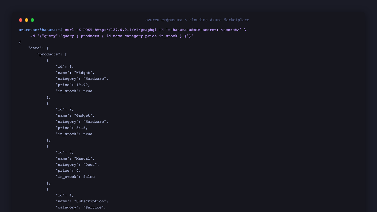 A GraphQL query returning live rows from a tracked table over the bundled PostgreSQL