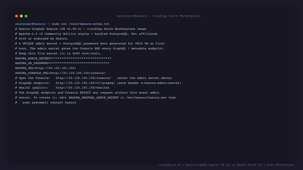 The per-VM access notes, with the admin secret and database password masked