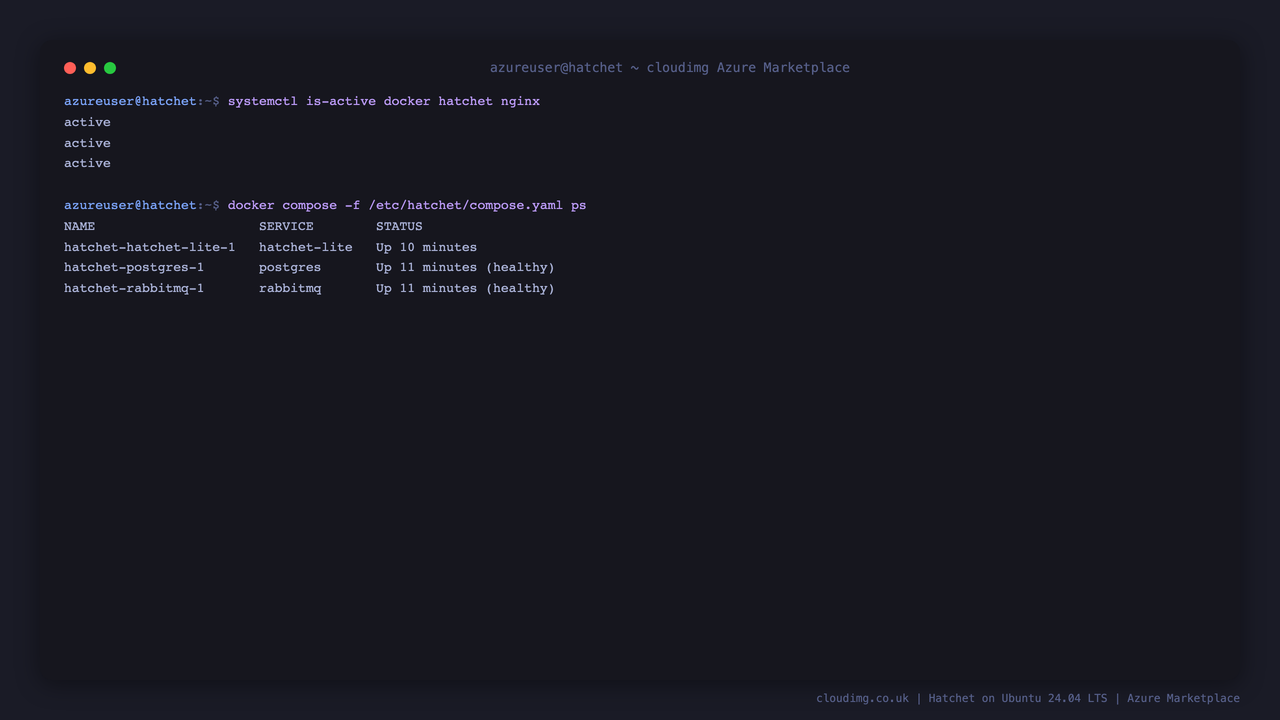 systemctl reporting docker, hatchet and nginx active, and the three containers, hatchet-lite plus PostgreSQL and RabbitMQ, running and healthy under Docker Compose