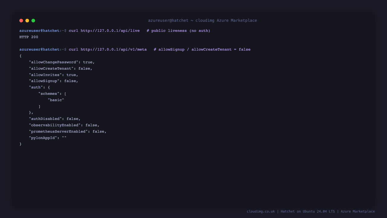 The public liveness endpoint returning HTTP 200 and the metadata endpoint reporting allowSignup and allowCreateTenant both false