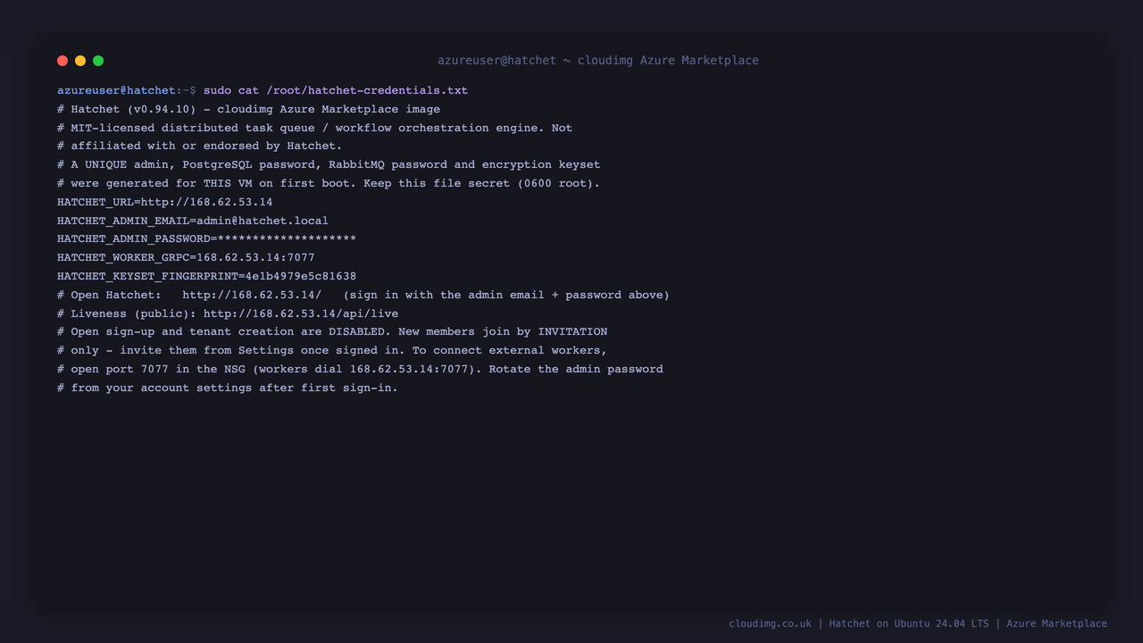 The per VM access notes, with the dashboard URL, admin email and the admin password masked