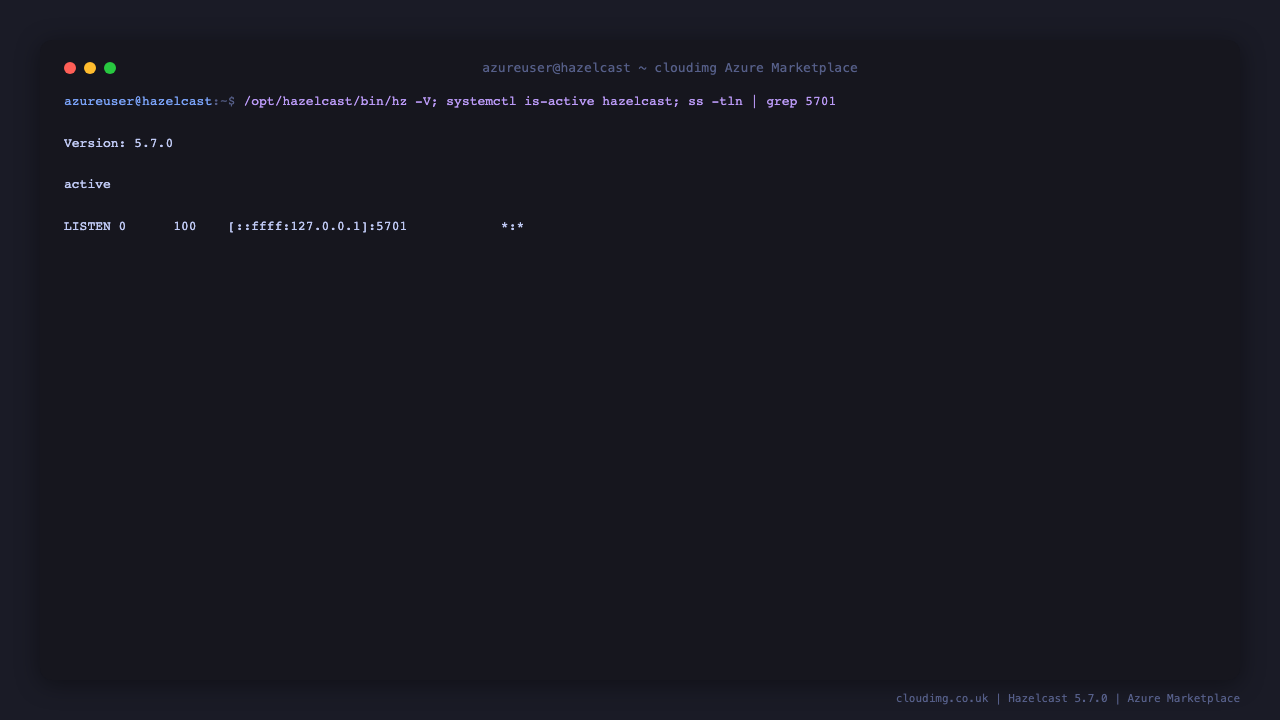 Hazelcast version, service status and the loopback-only member listener