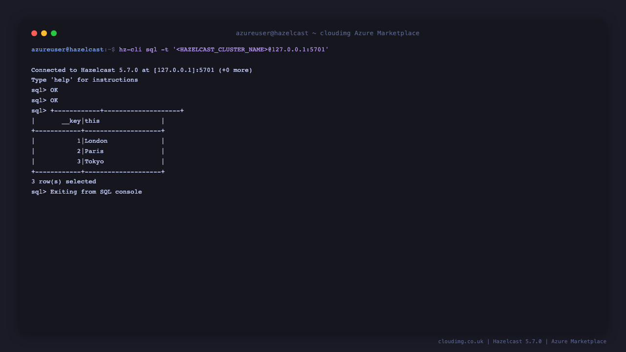 Hazelcast hz-cli SQL session: CREATE MAPPING, SINK and SELECT over an in-memory map