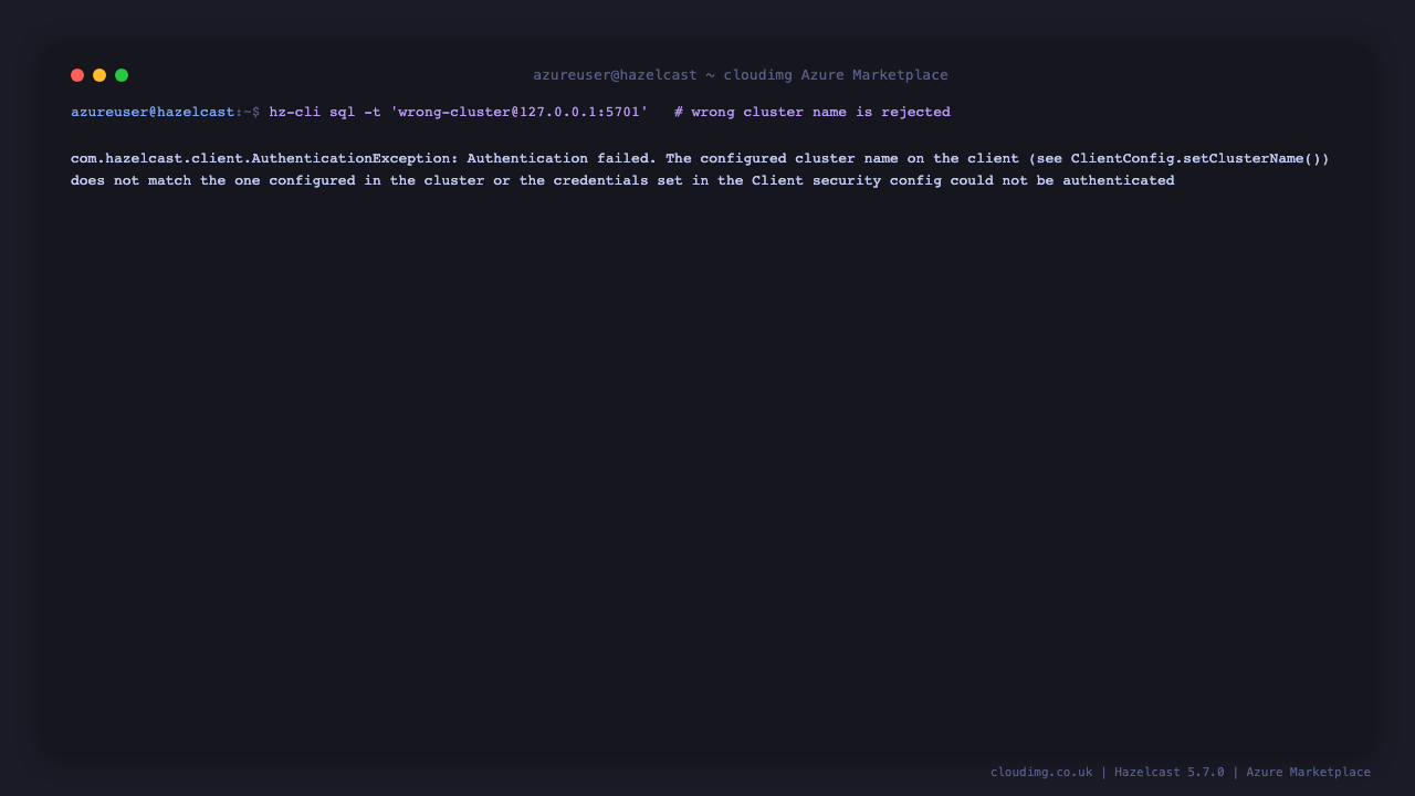 Hazelcast authentication: a wrong cluster name is rejected, the per-VM cluster name is accepted
