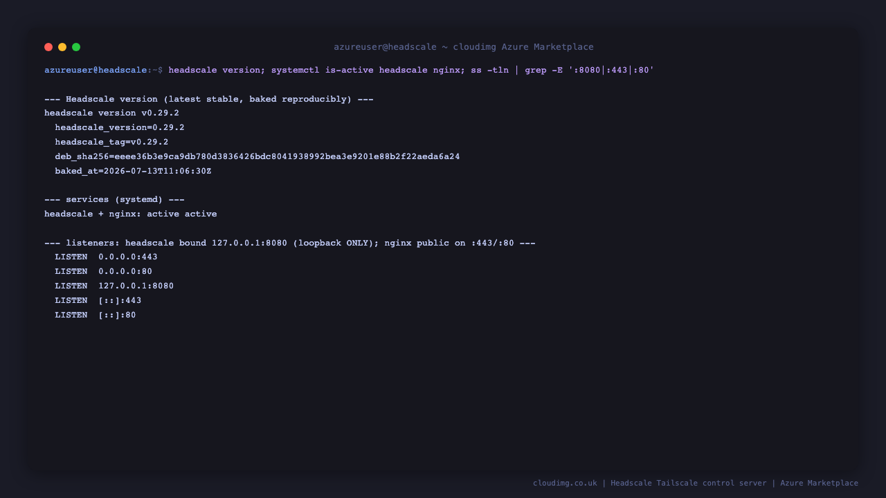 headscale.service and nginx.service both active (running); ss shows Headscale bound to 127.0.0.1:8080 loopback only, with nginx public on :443 and :80